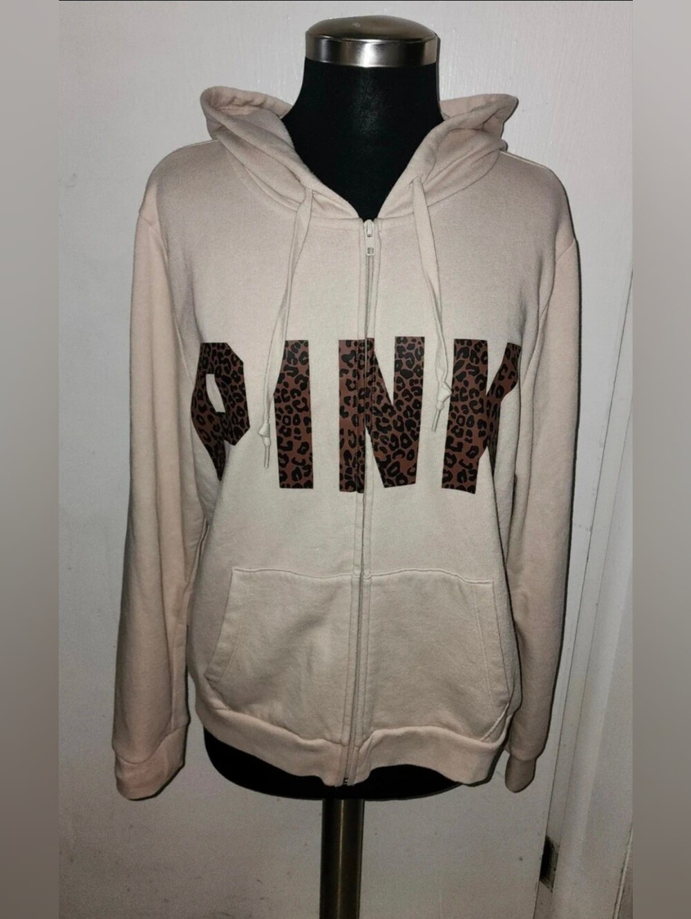 Victorias Secret PINK Beige Cream Full Zip Leopard Print Hooded Sweatshirt XL
